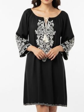 Chic Connection Womens Boho Dress Sz XL Deep Green Embroidered Sleeves & Bodice